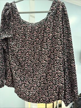 LOFT Black Long-Sleeve Blouse with Pink Leaf Print